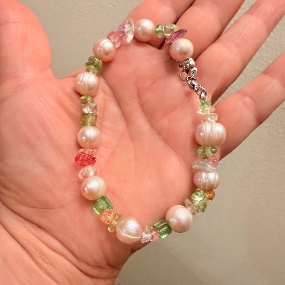 Handmade Freshwater Pearl & Multicolor Glass Bead Bracelet Stainless Steel 11"